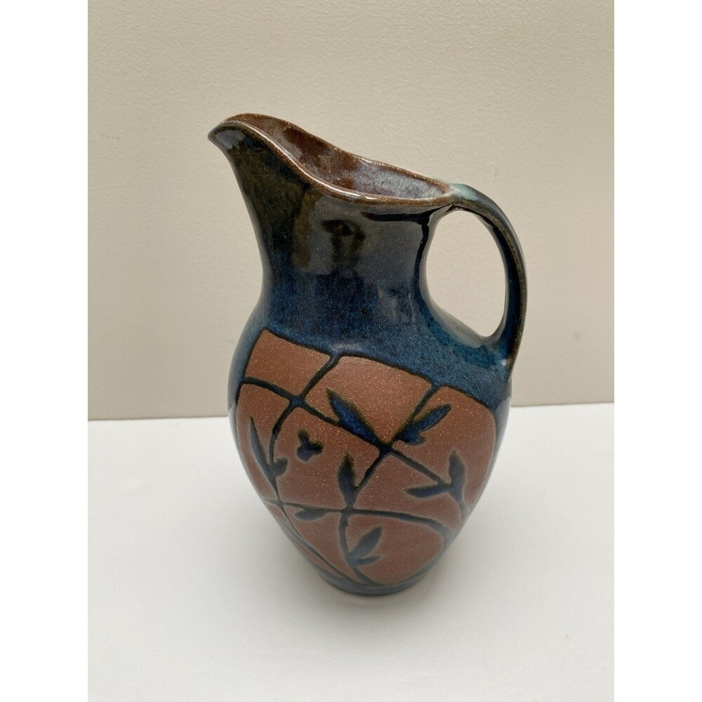 Studio Art Pottery Blue Leaves Handmade Jug Water Pitcher Signed By Dana
